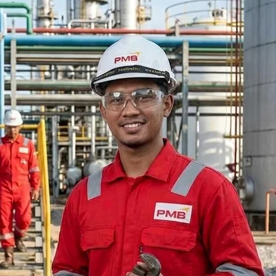 PMB crew member in red coveralls and PMB hard hat at an oil and gas plant