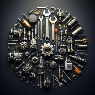 Tools and spare parts laid out in a circle