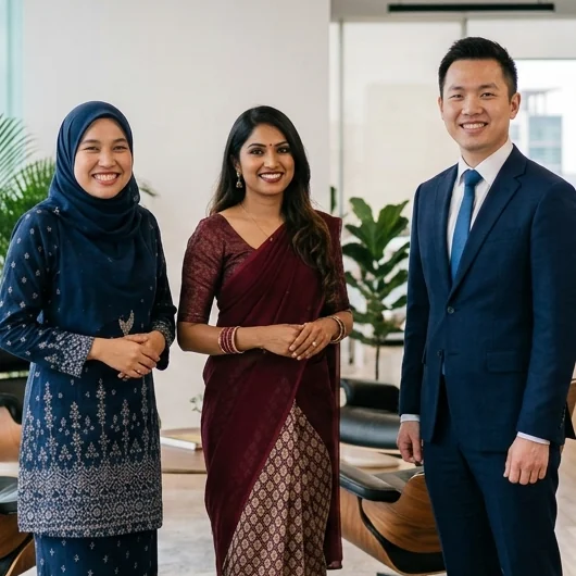 Three PMBSB office staff smiling in a modern office overlooking Labuan